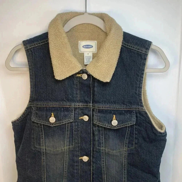 Vintage Old Navy Blue Jean Denim Sherpa Lined Vest M Medium Y2K 2000s bohocore - Picture 5 of 6